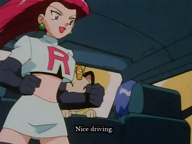 Screenshot of the Pokémon anime showing team rocket in a truck driving with Jessie saying “nice driving” to James who is in the front seat