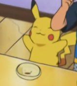 Pikachu finished his soup and is happy.