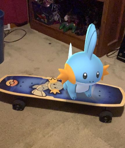photo of Mudkip in pokemon go vr mode appearing to be riding on a skateboard 