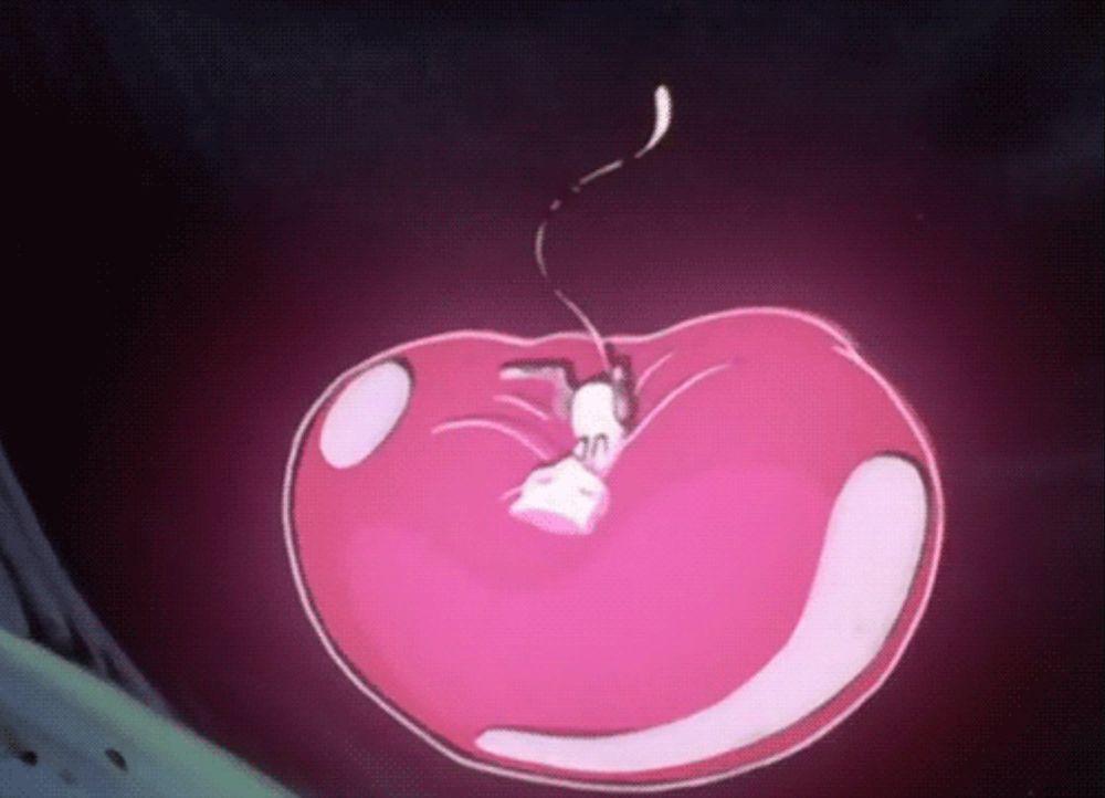 Screenshot of mew in the Pokémon anime bouncing on a giant pink bubble it created in the movie Mewtwo strikes back