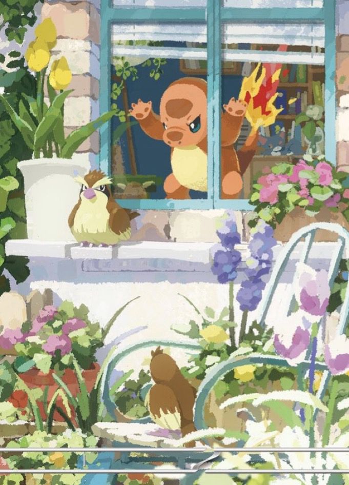 Charmander tcg art depicting Charmander looking though a window trying to intimidate some pidgey that are outside 