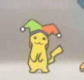 Screenshot of a low res Pikachu in the anime with a hat on 