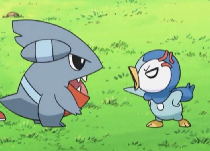 Screenshot of piplup being mad at Gible on a grassy field in the Pokémon anime 