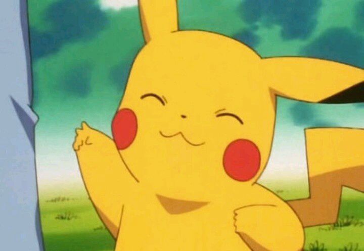 Screenshot of pikachu in the Pokémon anime doing a “peace” sign 