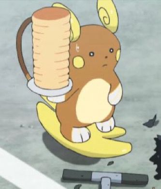 Screenshot of the Pokémon anime showing a shocked Raichu with a plate of pancakes in his hand 