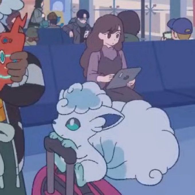 Screenshot of the Pokémon horizons anime showing an Alolan Vulpix sitting on a suitcase 