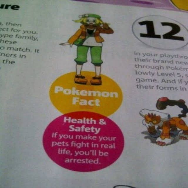 Pokémon book saying “if you make your pets fight in real life, you will be arrested.”
