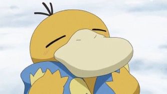 Screenshot of a psyduck in the pokemon anime in a blue scarf 