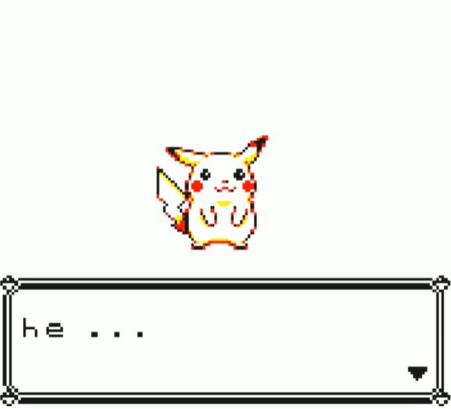 Screenshot of Pokémon yellow showing a pikachu sprite with text on the screen saying “he…”
