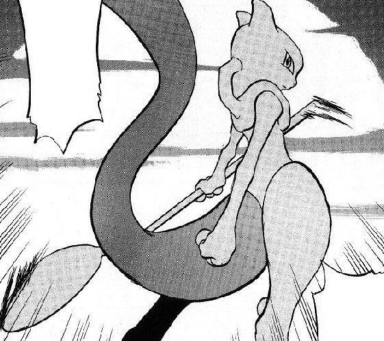 Mewtwo posing in the manga wielding his giant spoon 
