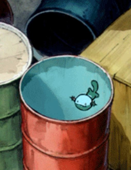Screenshot of wooper swimming in a barrel of water in the Pokémon anime
