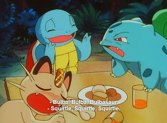 Screenshot of the pokemon anime showing Pokémon arguing while eating and drinking at a table with meowth passed out 