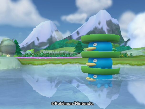 Three Lotad stacked on top of each other while floating in some water in PokePark for the Wii.