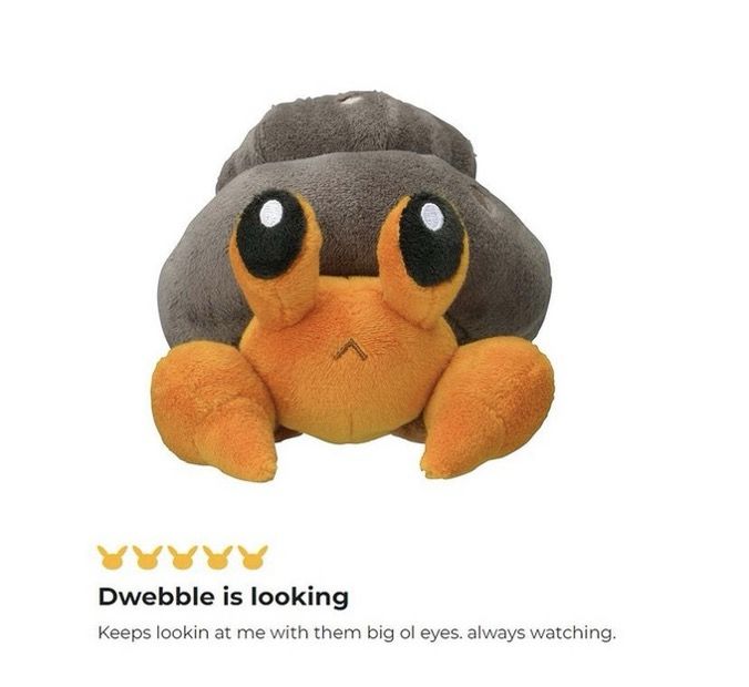 Screenshot of a Dwebble Pokémon center review saying “Dwebble is looking. Keeps lookin at me with them big ol eyes. always watching. 