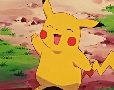 Screenshot of pikachu in the Pokémon anime doing a “peace” sign 
