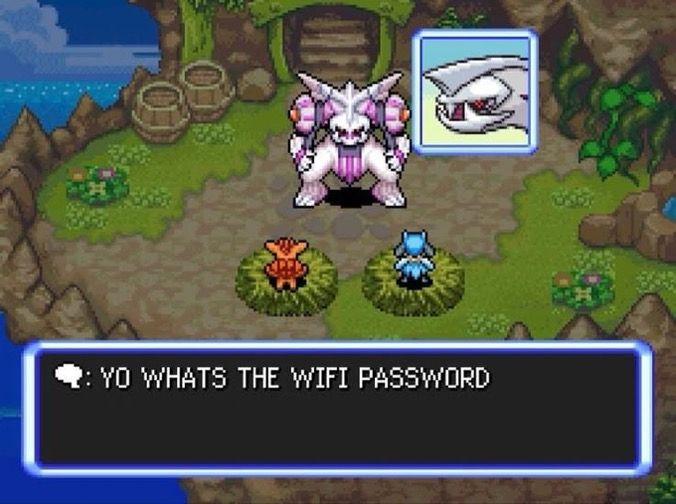 Screenshot of Pokémon mystery dungeon explorers of sky showing a Palkia saying “YO WHATS THE WI-FI PASSWORD”