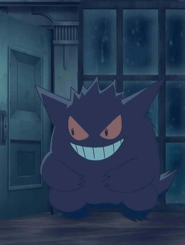 Screenshot of the Pokémon anime showing a screenshot of a happy Gengar 