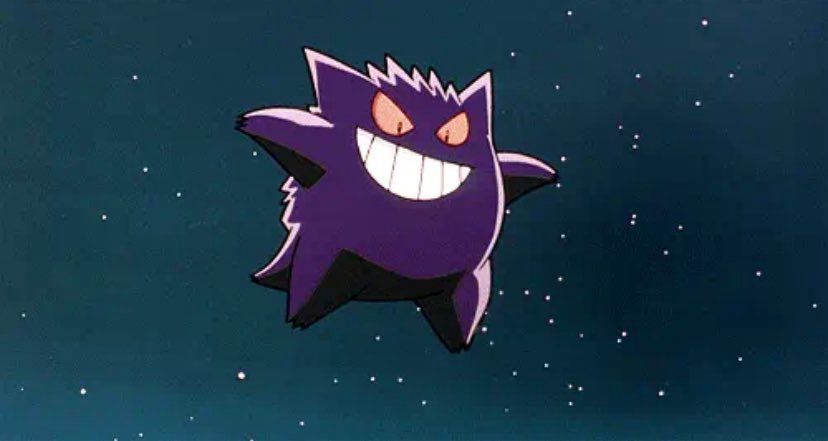 Screenshot of Gengar in the Pokémon anime floating in the mjght sky with a big smile on his face 