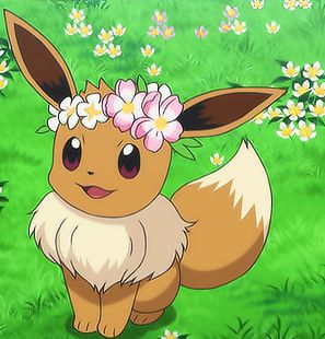 Screenshot of Eevee in the sitting in a grassy field in the Pokémon anime wearing a flower crown 