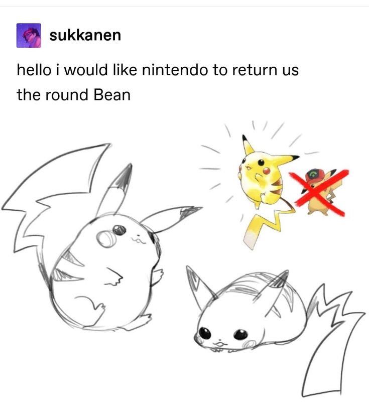 tumblr post about Pikachu’s original watercolor ken sugimori artwork with text reading “hello I would like Nintendo to return us to the round bean.”