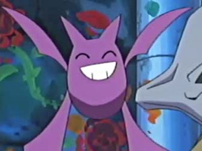 screenshot of a Crobat smiling in the Pokémon anime  