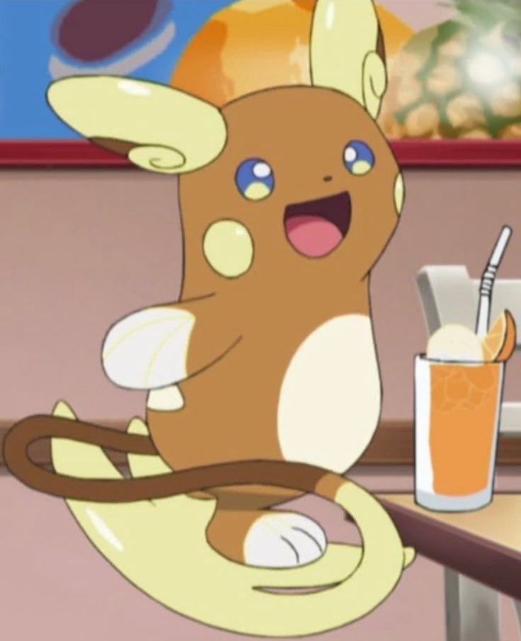 Screenshot of Alolan Raichu in the Pokémon sun and moon anime getting ready to serve drinks 