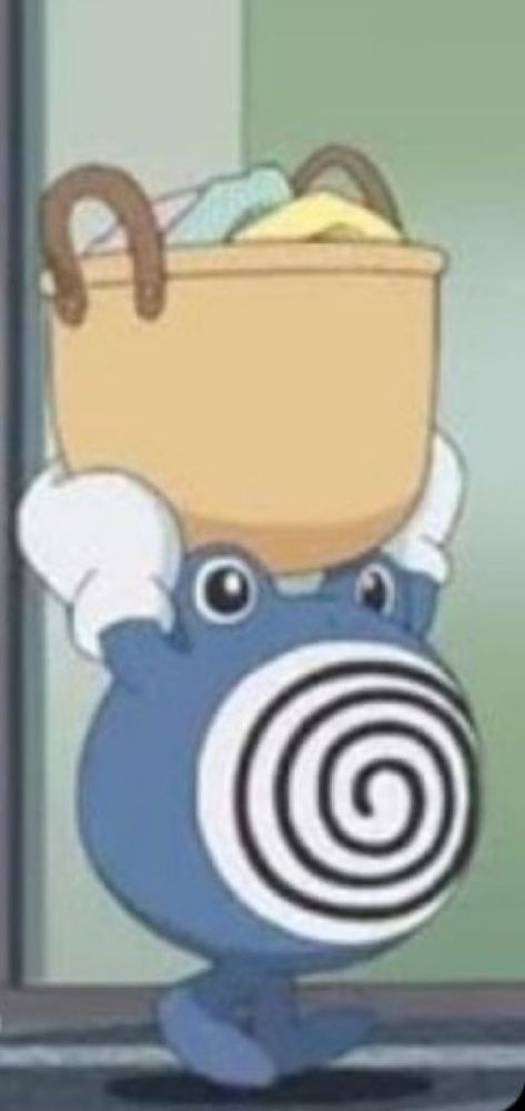Screenshot of a poliwhirl doing laundry with a laundry basket being carried above his head in the Pokémon horizons anime 