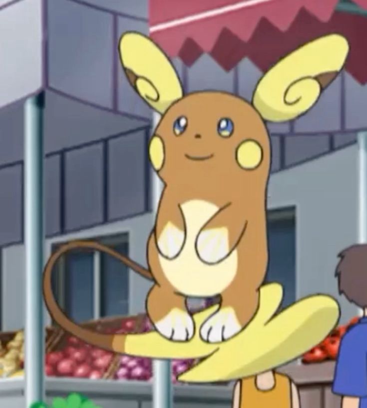 Screenshot of Alolan Raichu standing on his tail in the Pokémon sun and moon anime 