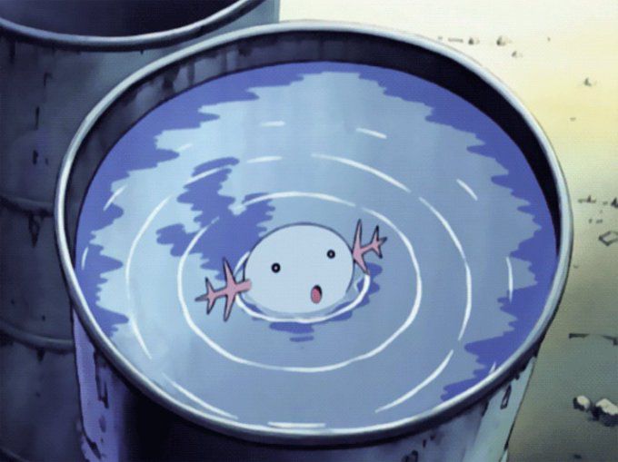 Screenshot of wooper in a barrel of water in the Pokémon anime 