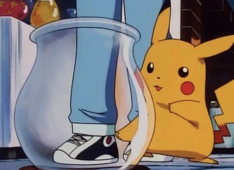 Pikachu observing a glass vase in the Pokémon anime 