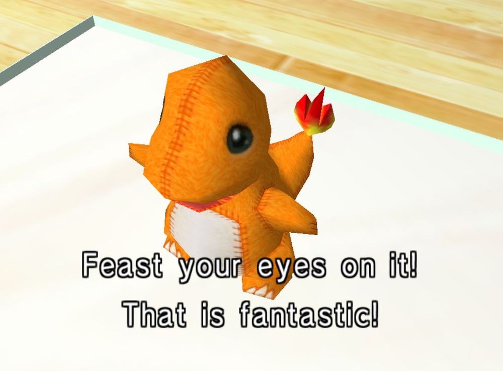 Pokémon channel screenshot of a charmander plush saying “Feast your eyes on it! That is fantastic!”
