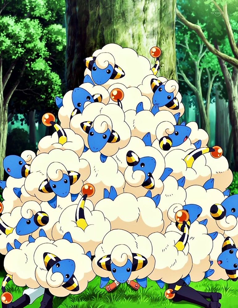 Screenshot of a pile of Mareep on top of team rocket in the Pokémon anime 