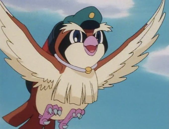 Screenshot of Ken the mail carrier pidgey in the Pokémon anime with a bay and mail carrier on his back. 