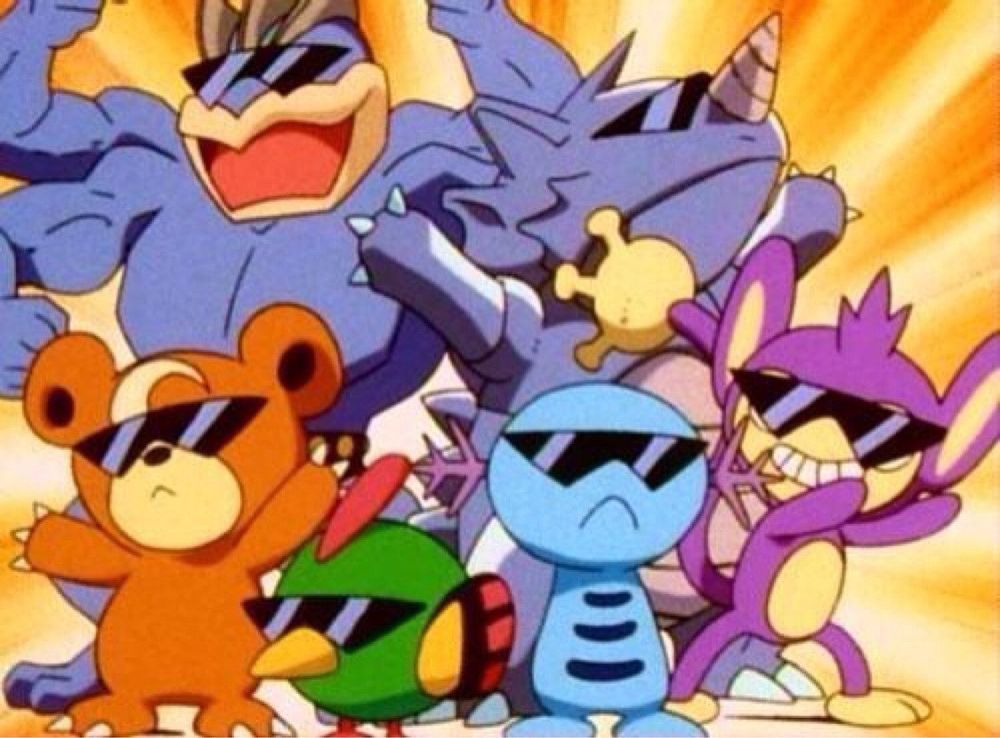 Screenshot of a group of Pokémon in the Pokémon anime all wearing shades 