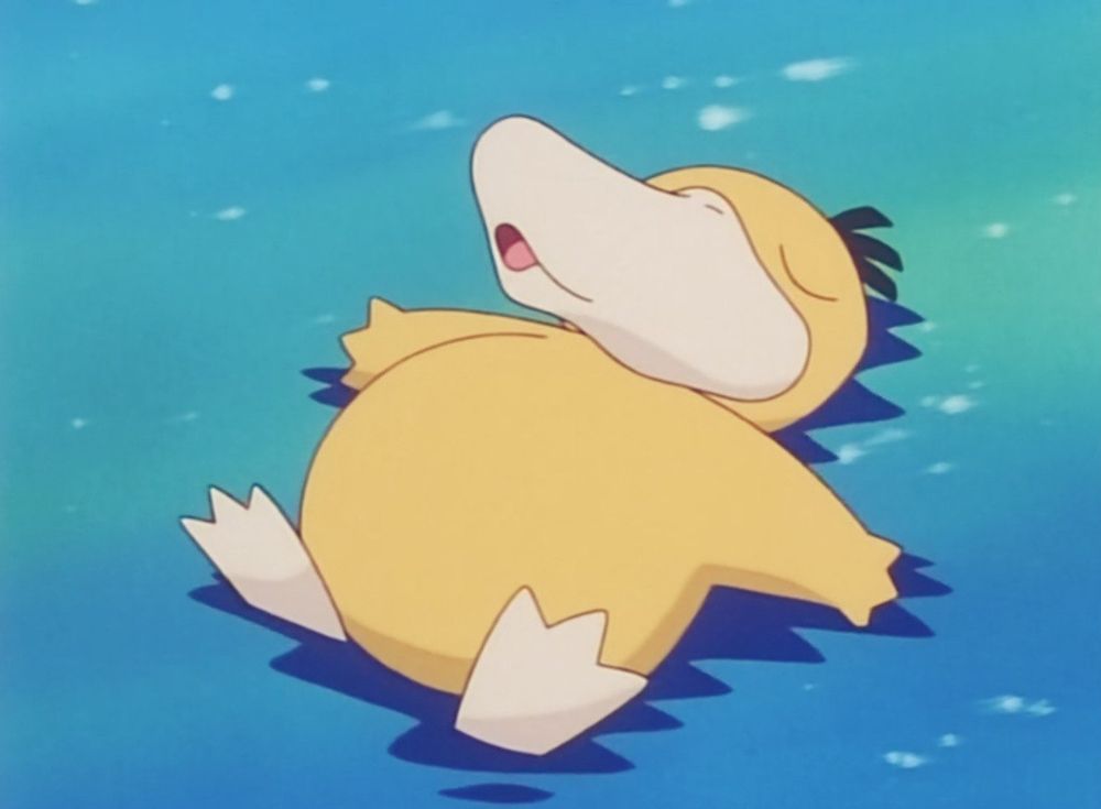Screenshot of Psyduck relaxing in a pond of water in the Pokémon anime 