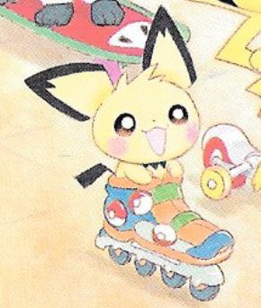 Scan of a pichu in a roller skate in a Let’s Find Pokemon Book!