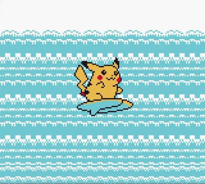 Pikachu surfing on a surfboard in the intro of Pokémon yellow 