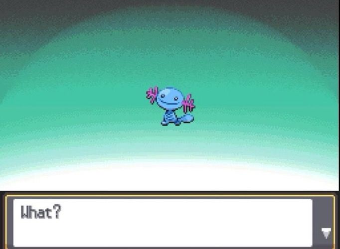 Screenshot in Pokemon heartgold and soul silver of Wooper with a textbox reading “What?”