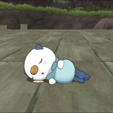 Screenshot of oshawott sleeping on his scallchop in Pokémon Amie 