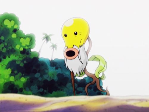 Screenshot of an elderly Bellsprout with a walking cane and a beard in the Pokémon anime 