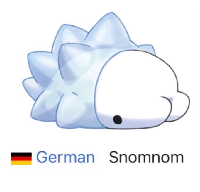 Picture showing the Pokémon Snom and its German name being “Snomnom”