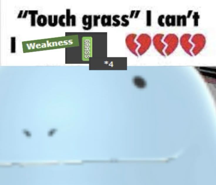 Image of a Quagsire with tect saying “touch grass” and “I can’t because I’m 4x weak to grass”