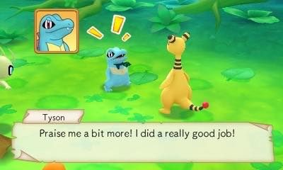 Screenshot of pokemon super mystery dungeon with Totodile saying “Praise me a bit more! I did a really good job!”