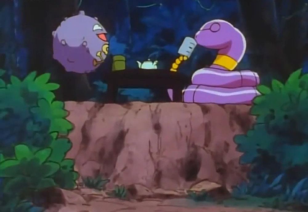 Screenshot of a Koffing and ekans in the Pokémon anime sitting at a table in the forest drinking some tea together 