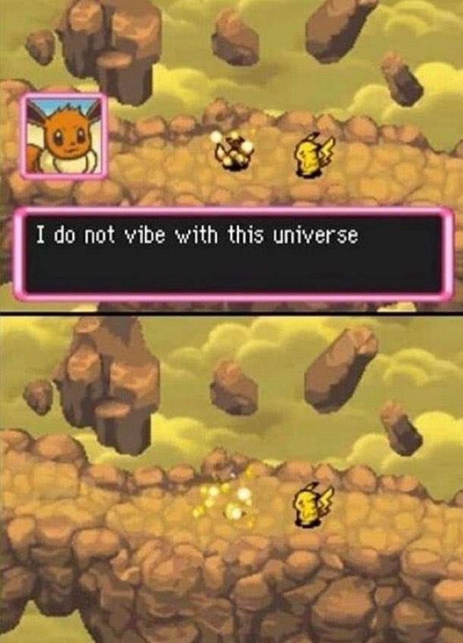 Screenshot of Pokémon mystery dungeon explorers of sky showing Eevee saying “I do not vibe with this universe and disappearing in an emotional scene where the player character leaves their partner.