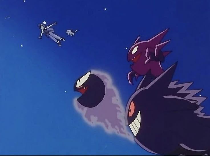 Screenshot of the Pokémon anime showing ghosts of Ash and Pikachu flying in the sky with Gastly, Haunter and Gengar 