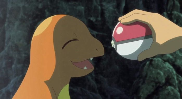Screenshot of charmander being happy to be getting caught in the Pokémon anime 