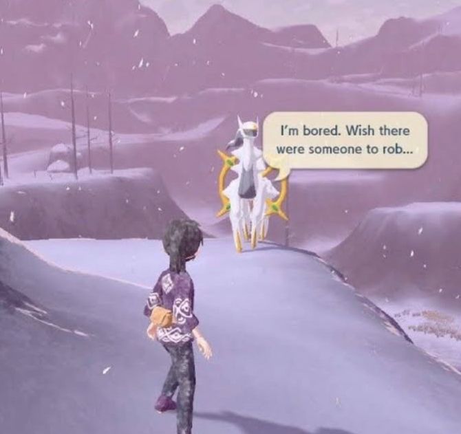 Screenshot of Pokémon legends Arceus showing Arceus appearing to be saying “I’m bored. Wish there were someone to rob…”