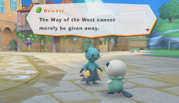 Screenshot of PokePark 2 with dialogue from a Dewott speaking to an Oshawott saying “The Way of the Wott cannot merely be given away.”