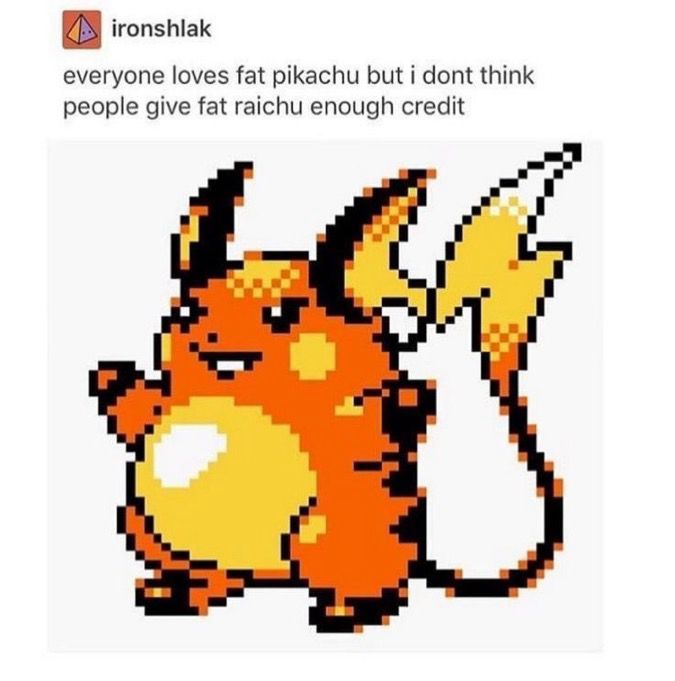 Tumblr post with a photo of a Raichu sprite from Pokémon crystal with text saying “everyone loves fat Pikachu but I don’t think people give fat Raichu enough credit.”